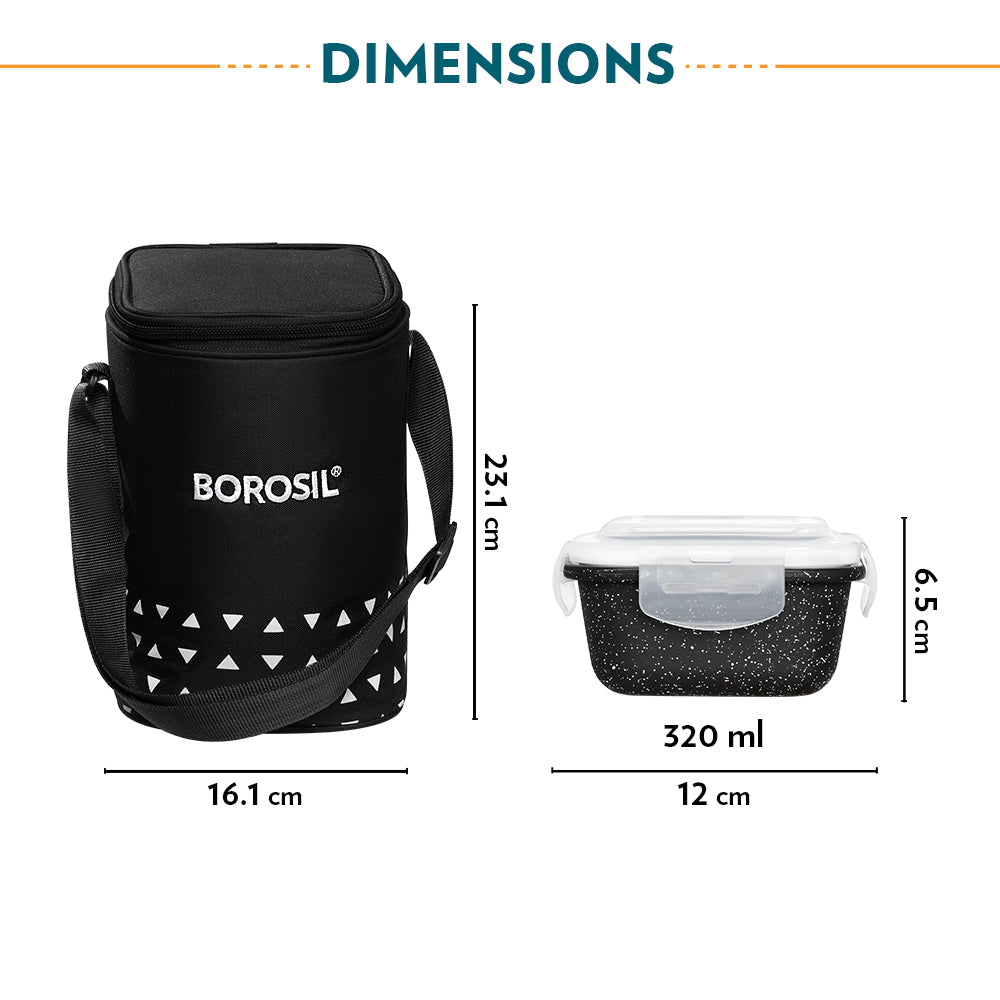 Borosil Kube Black Glass Lunch Box, Square x 3 (Tall), Set of 3, 320ml