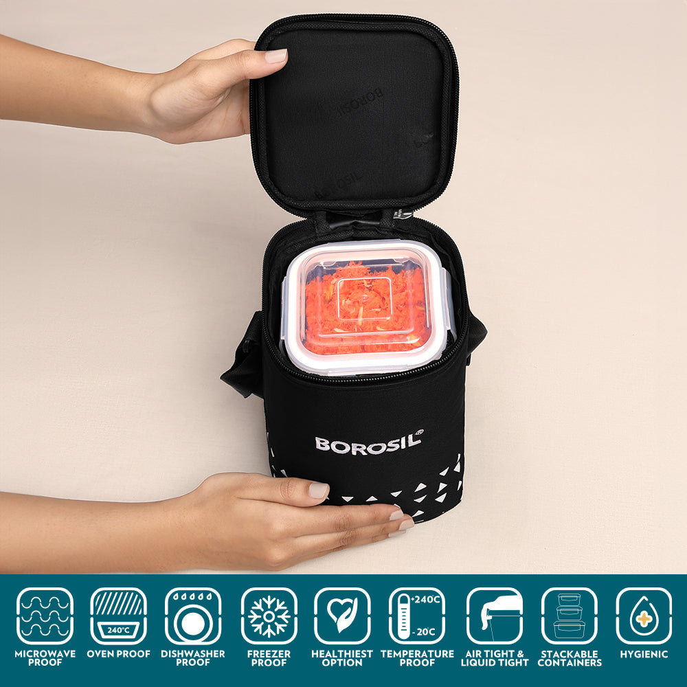 Borosil Kube Black Glass Lunch Box, Square x 3 (Tall), Set of 3, 320ml