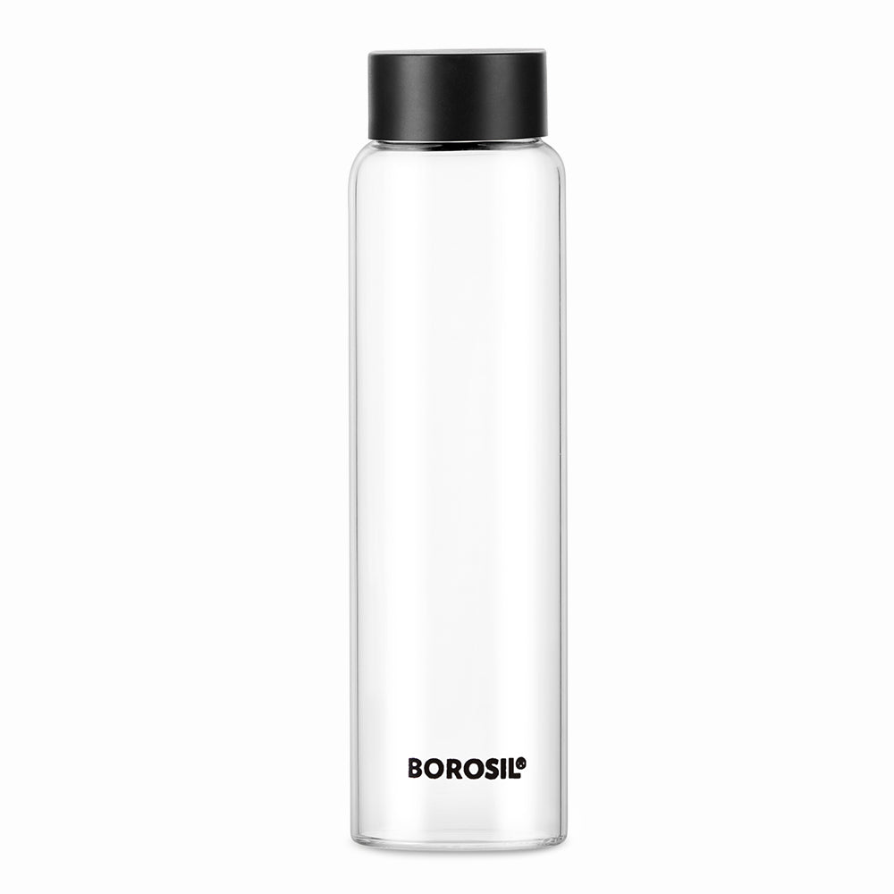 Borosil Crysto Wide Glass Bottle 1.0L w Black Lid, 1L