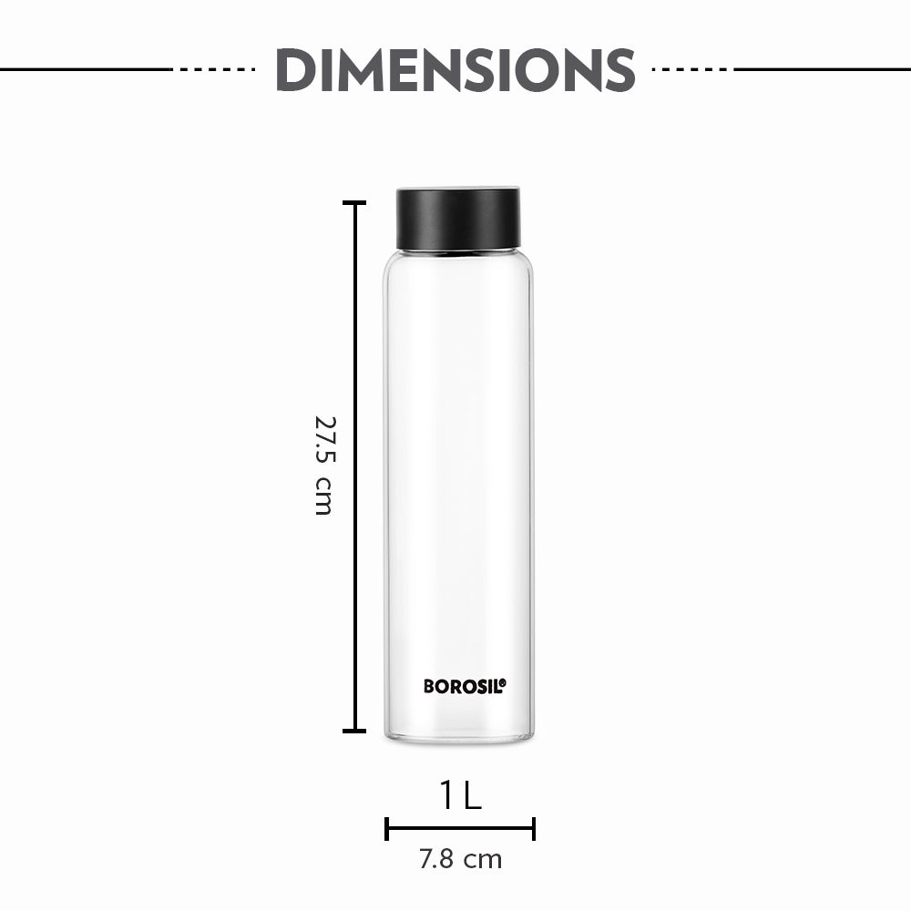 Borosil Crysto Wide Glass Bottle 1.0L w Black Lid, 1L