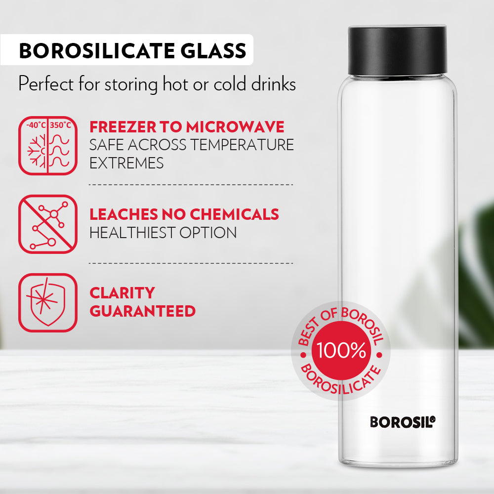 Borosil Crysto Wide Glass Bottle 1.0L w Black Lid, 1L