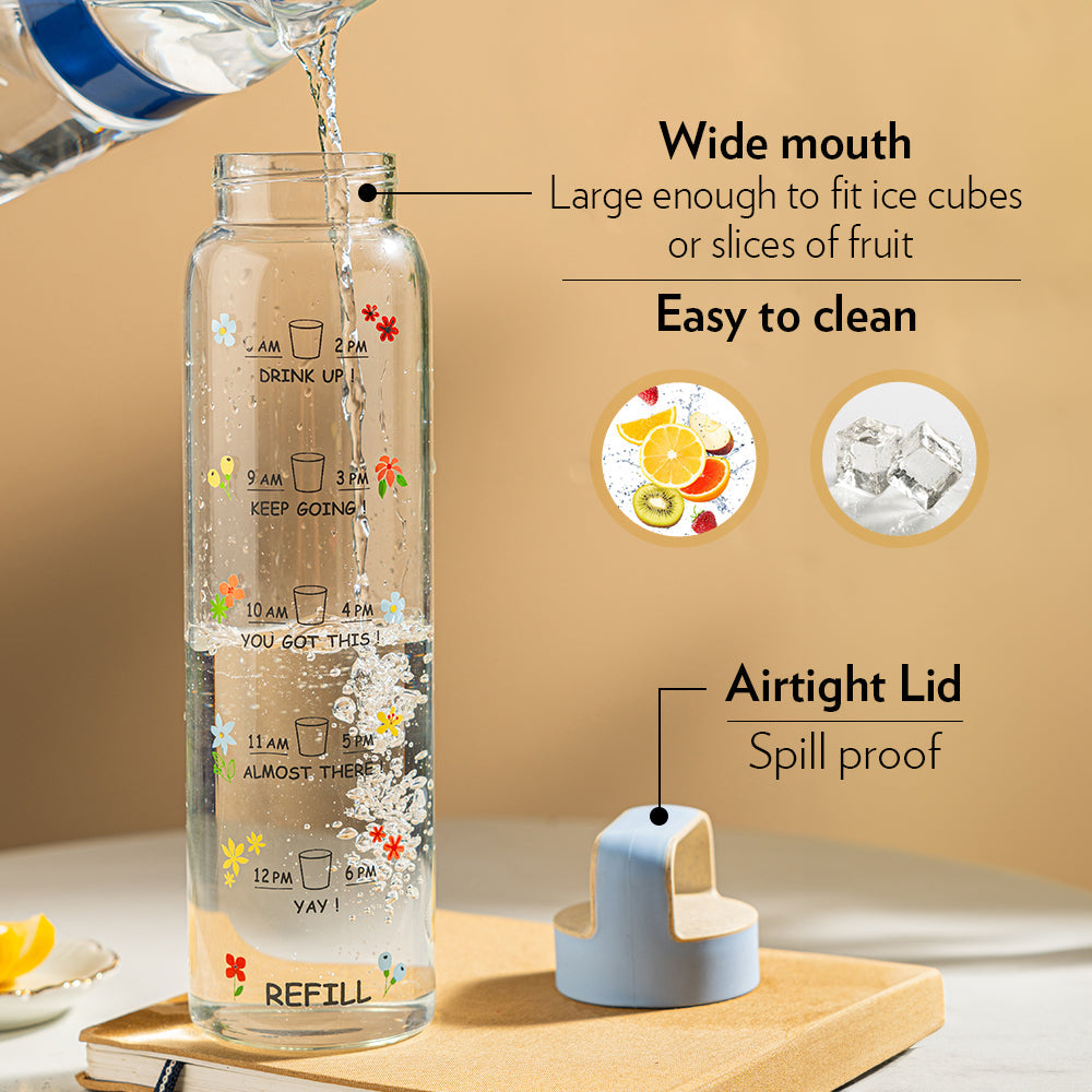 Borosil AM-PM Glass Bottle w Husk Lid, Blue
