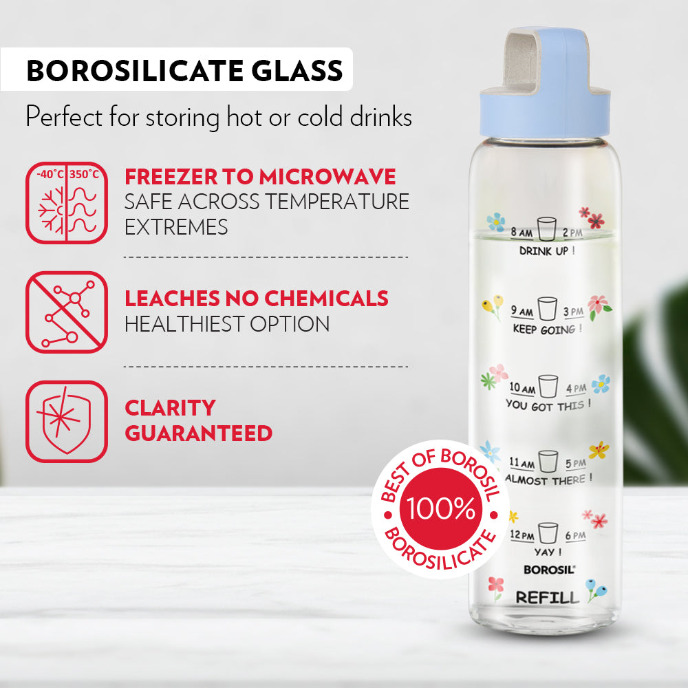 Borosil AM-PM Glass Bottle w Husk Lid, Blue