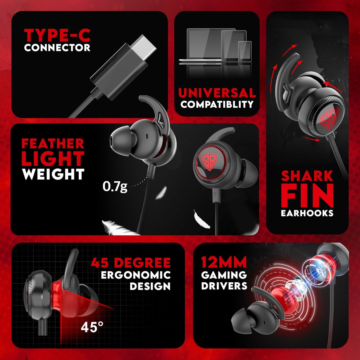 SpinBot BattleBudz C30 Type-C Wired Gaming Earphone with 12mm Gaming Driver