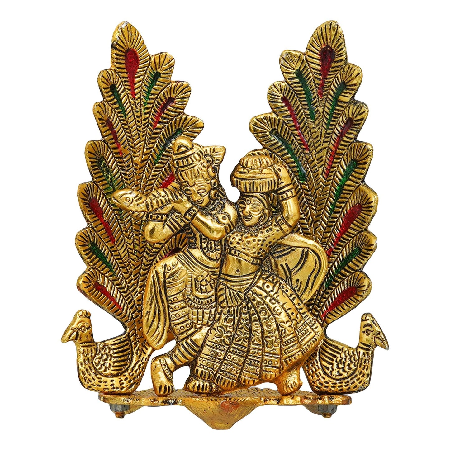 Webelkart Premium Metal Peacock Design Radha Krishna Idol Showpiece for Home Decor with Diya for Puja and Home Decor (6.6 Inches, Gold)