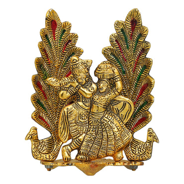 Webelkart Premium Metal Peacock Design Radha Krishna Idol Showpiece for Home Decor with Diya for Puja and Home Decor (6.6 Inches, Gold)