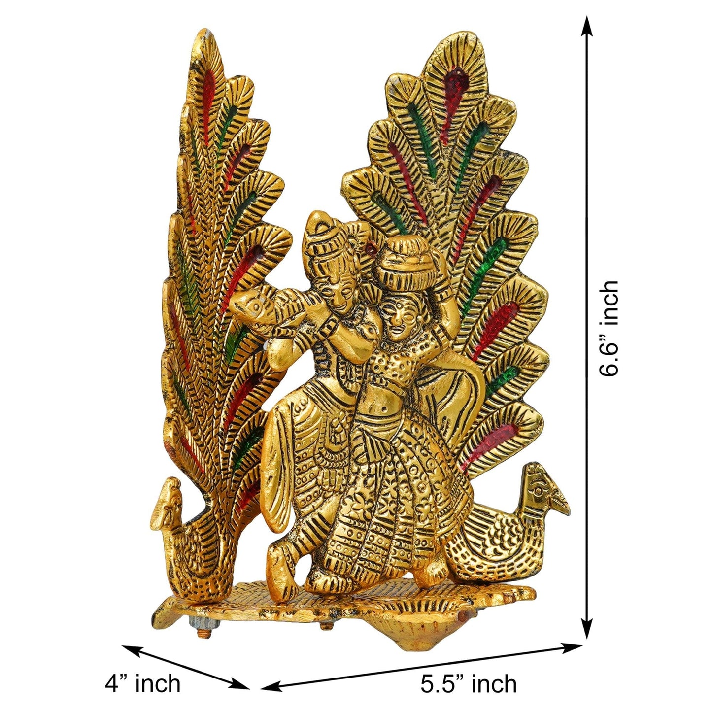Webelkart Premium Metal Peacock Design Radha Krishna Idol Showpiece for Home Decor with Diya for Puja and Home Decor (6.6 Inches, Gold)