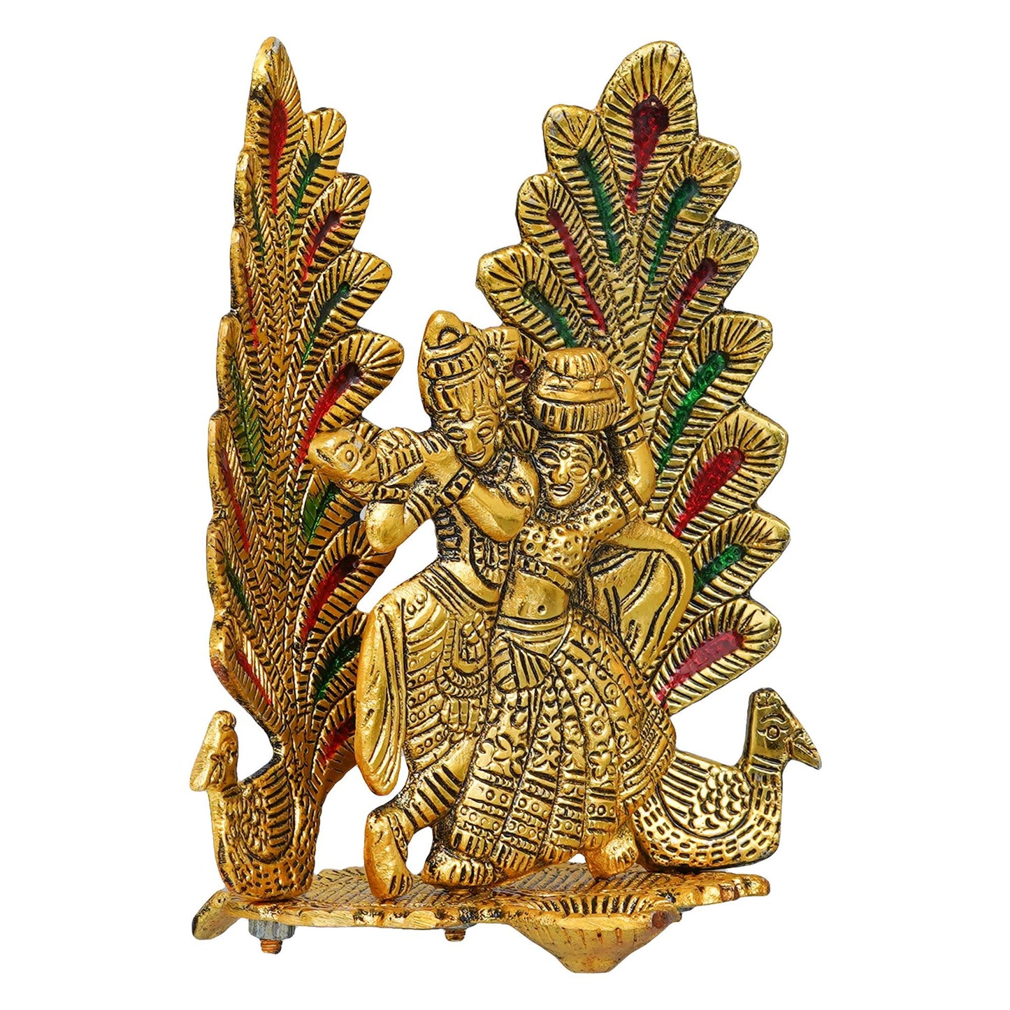 Webelkart Premium Metal Peacock Design Radha Krishna Idol Showpiece for Home Decor with Diya for Puja and Home Decor (6.6 Inches, Gold)