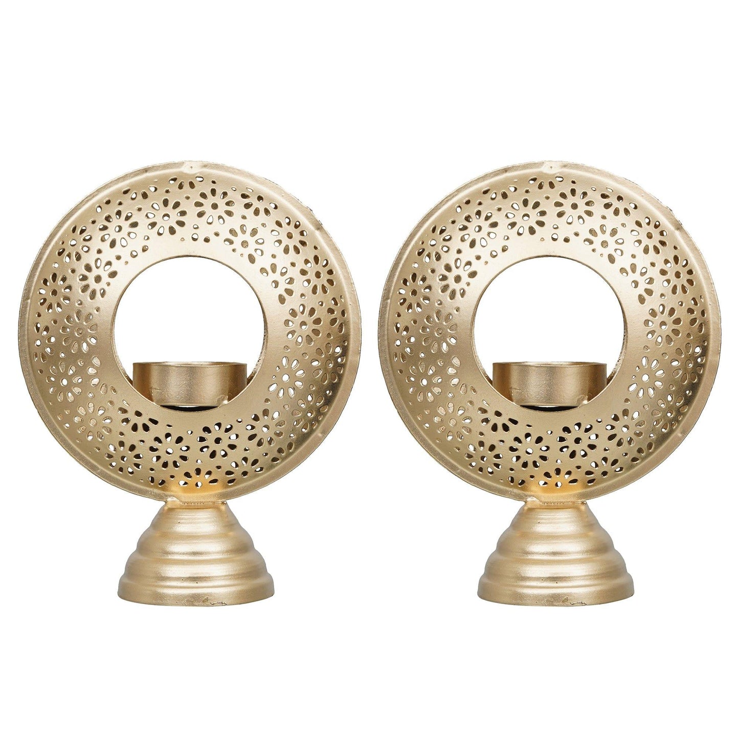 Webelkart®️ Premium Handcrafted Hurricane Metal Tealight Candle Holder (Gold) for Home and Office Decor | Table Tealight Holder (Set of 2, 6 Inches)