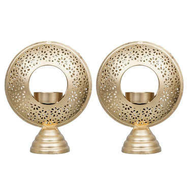 Webelkart®️ Premium Handcrafted Hurricane Metal Tealight Candle Holder (Gold) for Home and Office Decor | Table Tealight Holder (Set of 2, 6 Inches)