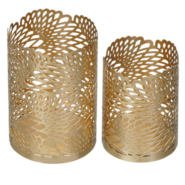 Webelkart®️ Premium Iron Handmade Metal Tealight Candle Holder with Flower Cut Design for Home, Living Room and Table Decor ( Set of 2 , Gold)