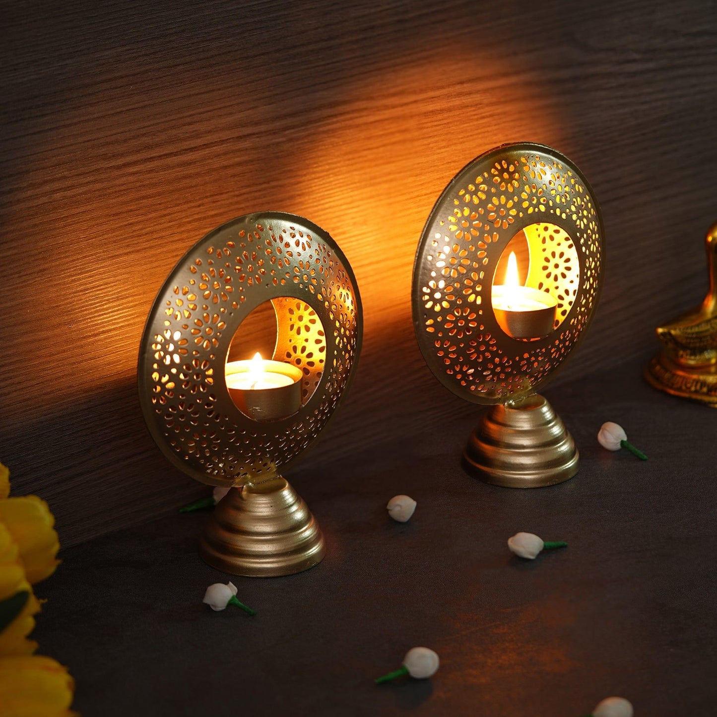 Webelkart®️ Premium Handcrafted Hurricane Metal Tealight Candle Holder (Gold) for Home and Office Decor | Table Tealight Holder (Set of 2, 6 Inches)