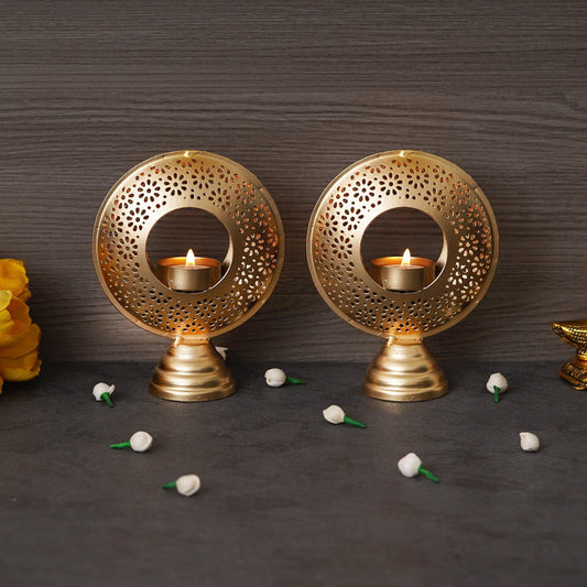 Webelkart®️ Premium Handcrafted Hurricane Metal Tealight Candle Holder (Gold) for Home and Office Decor | Table Tealight Holder (Set of 2, 6 Inches)