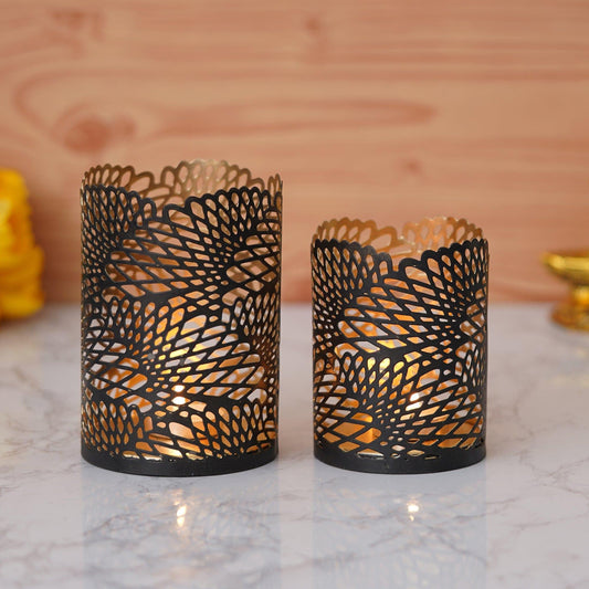 Webelkart®️ Premium Iron Handmade Metal Tealight Candle Holder with Flower Cut Design (Black) for Home, Living Room and Table Decor ( Set of 2 , Iron)