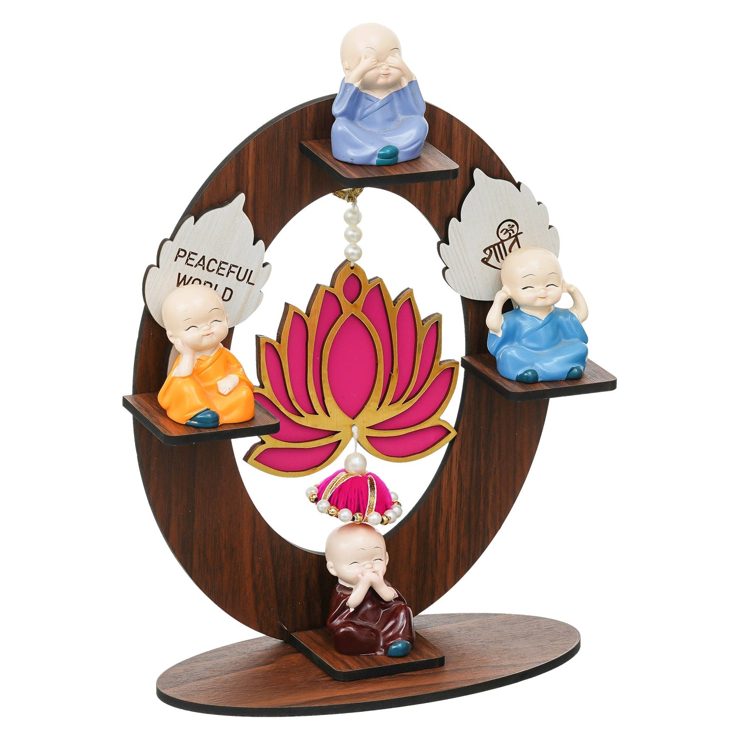 Webelkart Antique Set of 4 Decorative Adorable Buddha Monk Figurines with Wooden Stand with Lotus Hanging for Peaceful Home Decor & Office Decor, Special Gifting, Home Decorative Item (10.5" Inches)