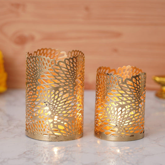 Webelkart®️ Premium Iron Handmade Metal Tealight Candle Holder with Flower Cut Design for Home, Living Room and Table Decor ( Set of 2 , Gold)