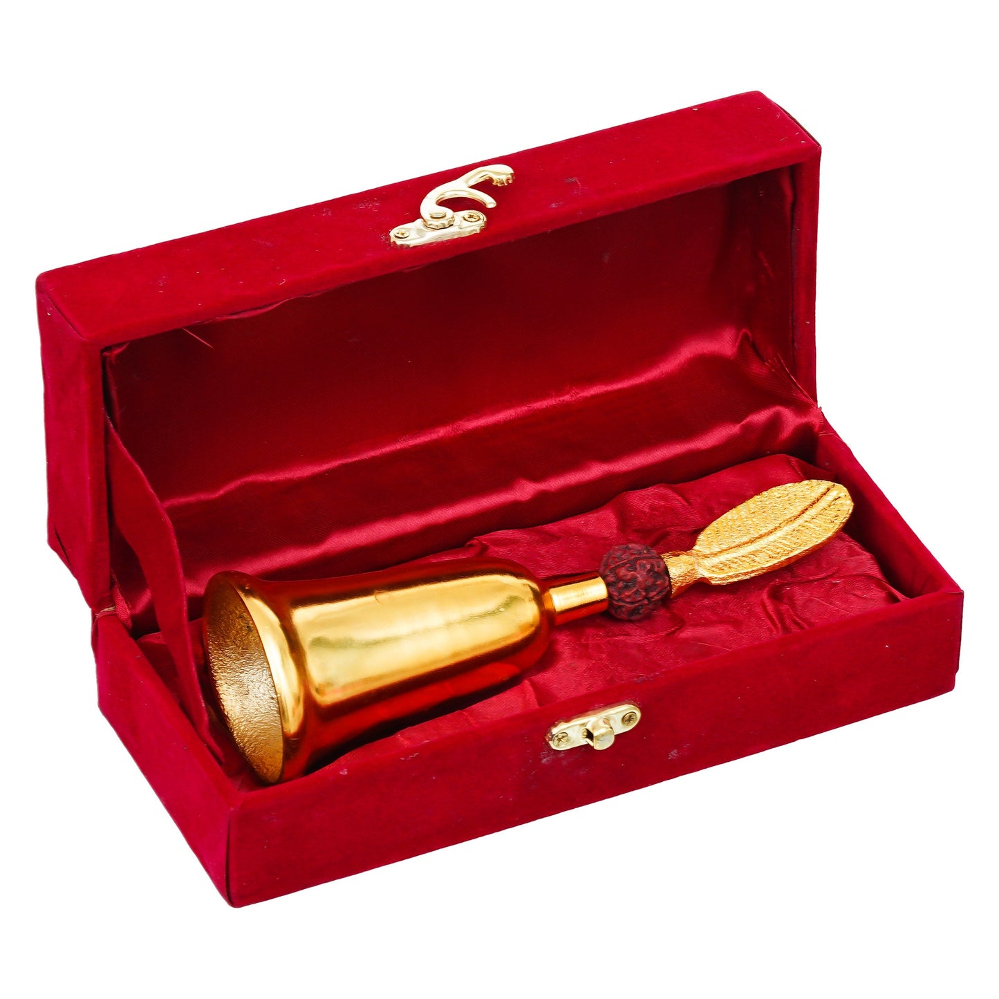 Webelkart Antique HandiCrafted Gold Plated Pooja Bell with Rudraksha with Velvet Box for Home/Office Decor/Brass Hand Puja Bell/Pooja Ghanti/Pooja Article for Temple (7" Inches Gold)