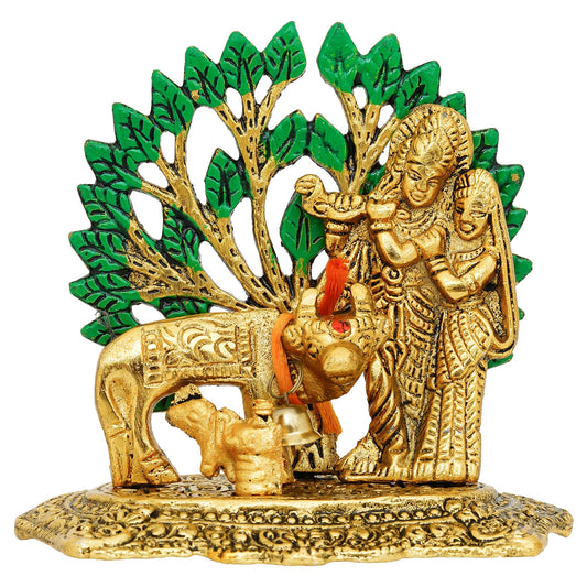 Webelkart Premium Metal Radha Krishna Idol with Cow Showpiece for Home/Office Decor| Radha Krishna Statue | Radha Krishna Murti for Temple Decor Pooja Article Decoration Item (4.15" Inches)