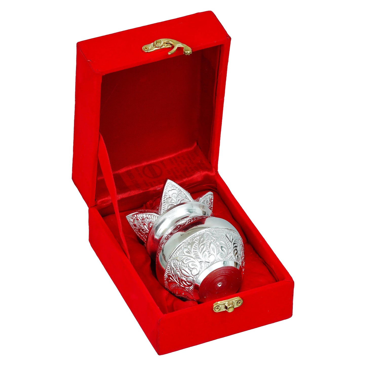 Webelkart Antique Sliver Plated Pooja Kalash with Coconut for Pooja Decor with Red Velvet Box/Swastik Kalash for Puja Temple/Diwali Gift Item/mangal Kalash (5" inches)