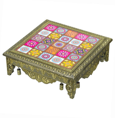 Webelkart Premium Multi Designer Handmade Wooden Rajwadi Chowki/Patla for Home Decor | Wooden patla for puja, Pooja chowki for Diwali Decoration (15"x15" Inches Multi)