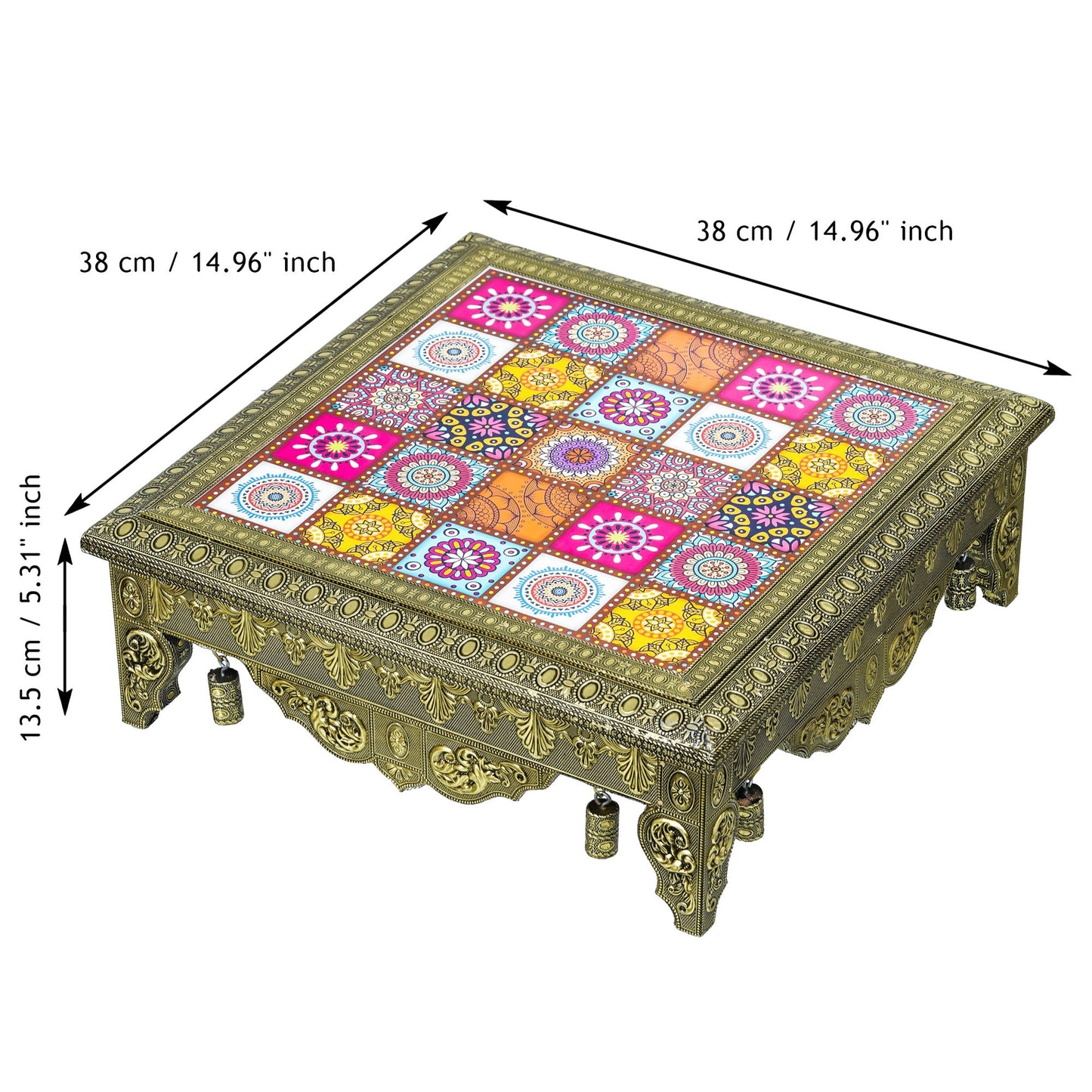 Webelkart Premium Multi Designer Handmade Wooden Rajwadi Chowki/Patla for Home Decor | Wooden patla for puja, Pooja chowki for Diwali Decoration (15"x15" Inches Multi)
