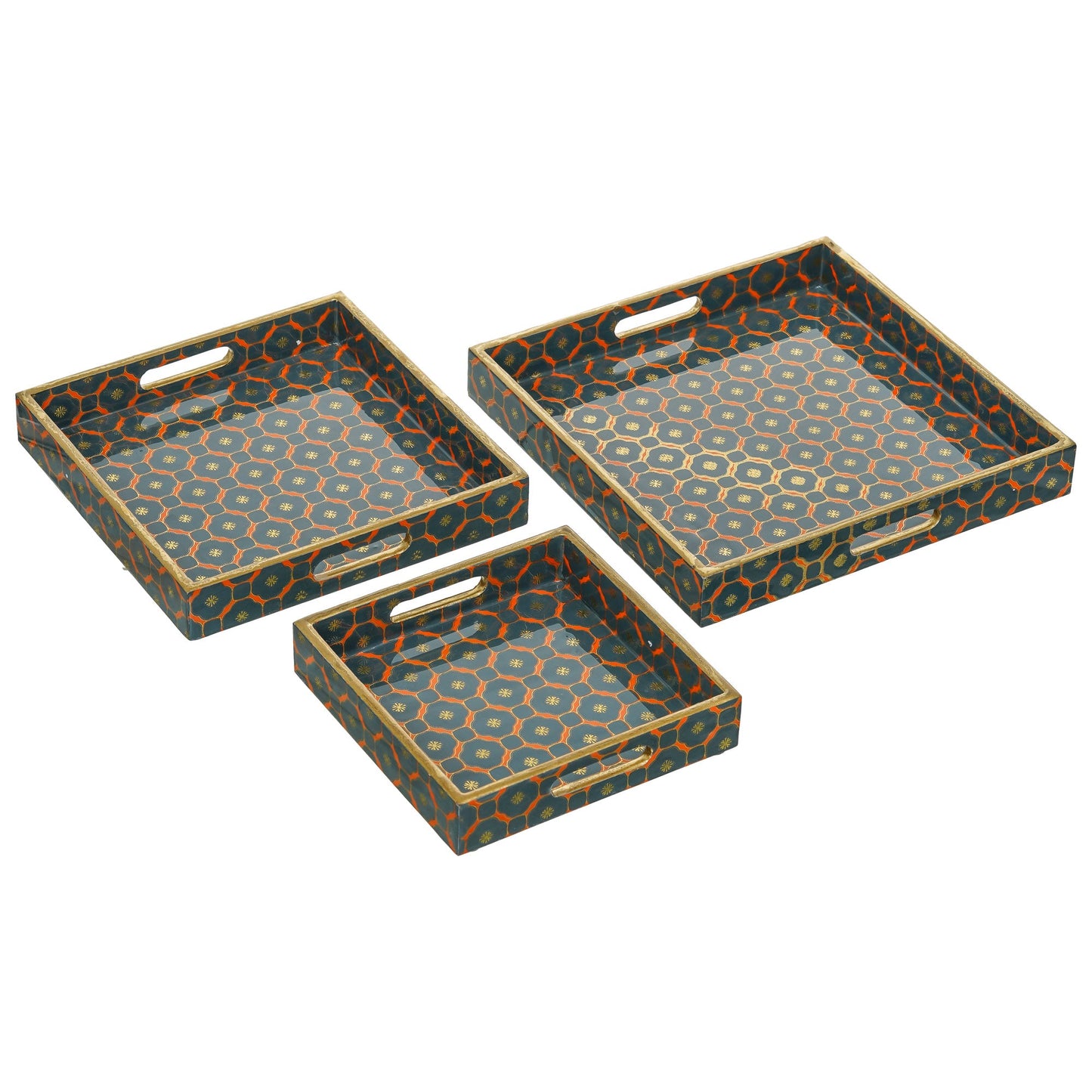 Webelkart Printed Square Enamel Coated Handmade Wooden Serving Tray for Home/Office Decor,Trays for Breakfast Dining Table.Multipurpose Square Serving Tray,Wooden Tray/Resin Tray Set of 3