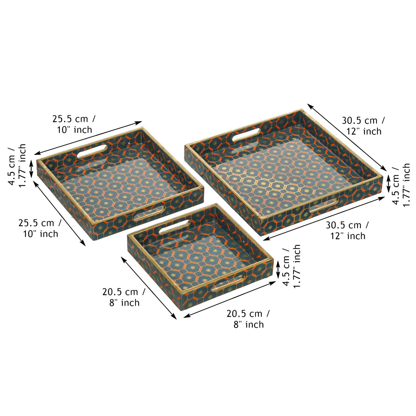 Webelkart Printed Square Enamel Coated Handmade Wooden Serving Tray for Home/Office Decor,Trays for Breakfast Dining Table.Multipurpose Square Serving Tray,Wooden Tray/Resin Tray Set of 3
