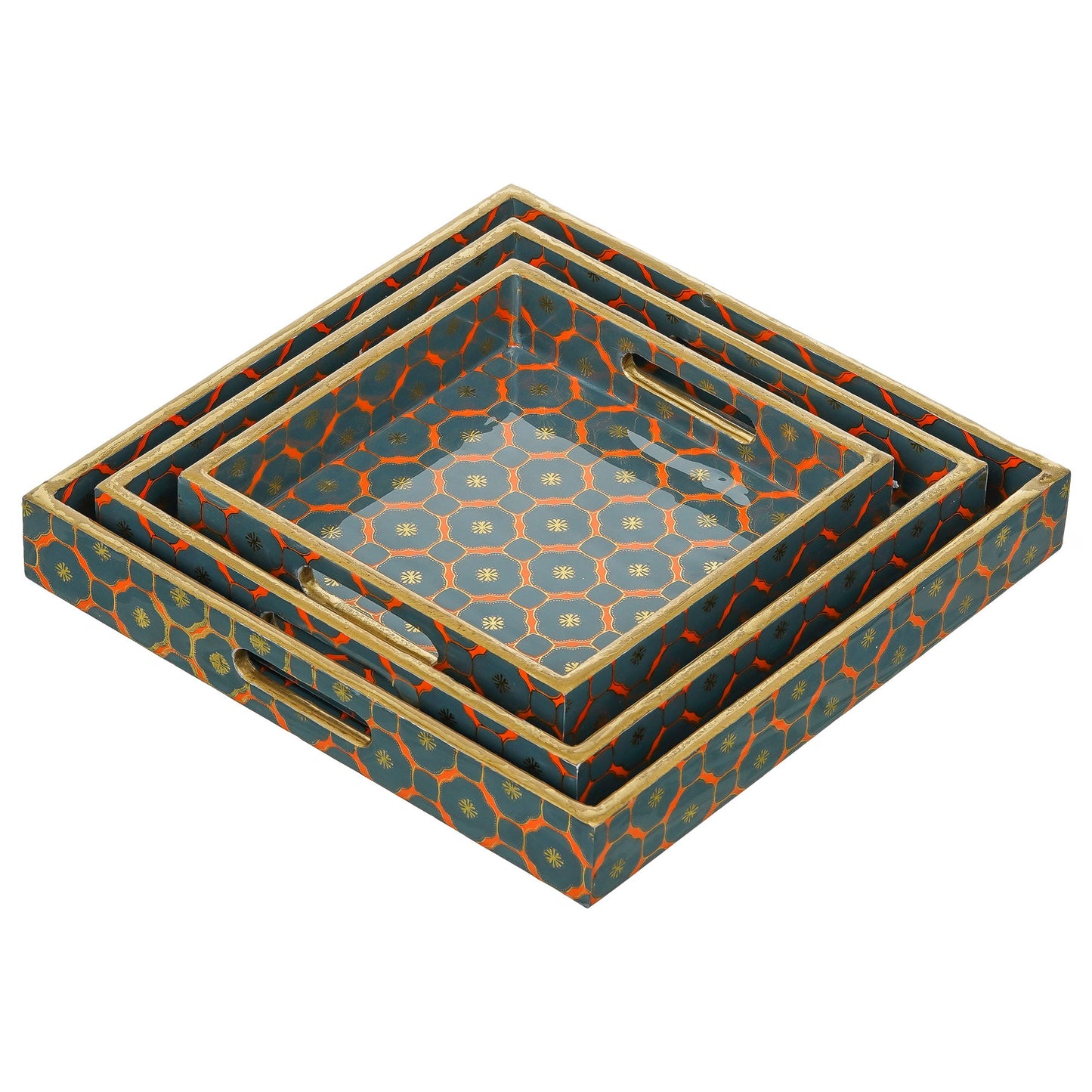 Webelkart Printed Square Enamel Coated Handmade Wooden Serving Tray for Home/Office Decor,Trays for Breakfast Dining Table.Multipurpose Square Serving Tray,Wooden Tray/Resin Tray Set of 3