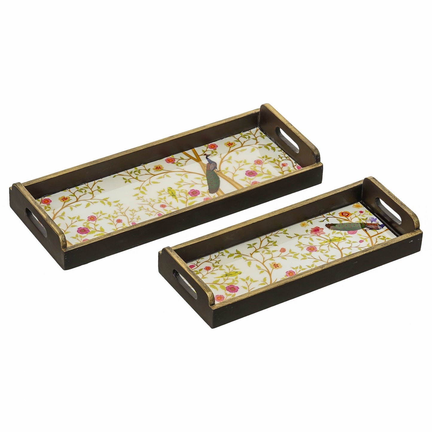 Webelkart Peacock Designer Printed Enamel Coated Wooden Handmade Serving Tray Multipurpose Rectangular Serving Tray Set of 2, Trays for Breakfast Dining Table.Home Decoration Item (12",15" Inches)