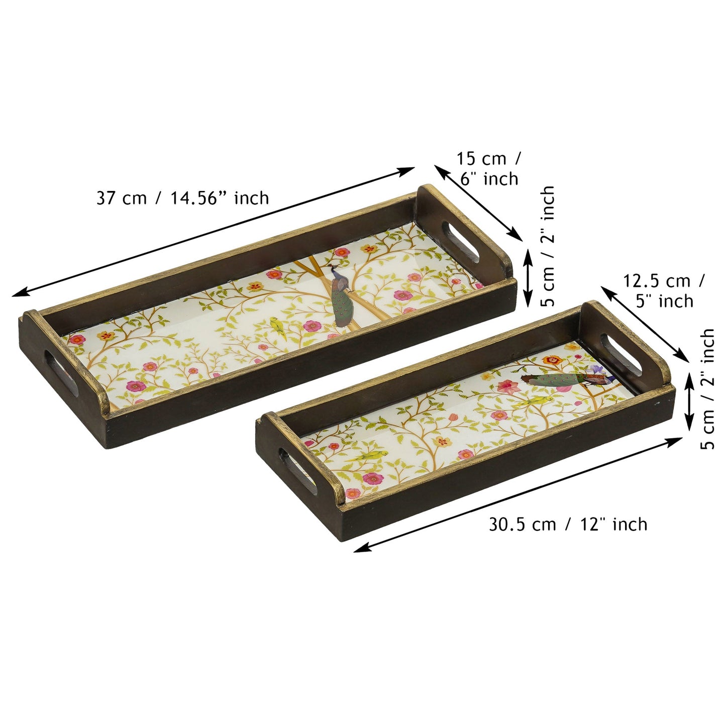 Webelkart Peacock Designer Printed Enamel Coated Wooden Handmade Serving Tray Multipurpose Rectangular Serving Tray Set of 2, Trays for Breakfast Dining Table.Home Decoration Item (12",15" Inches)