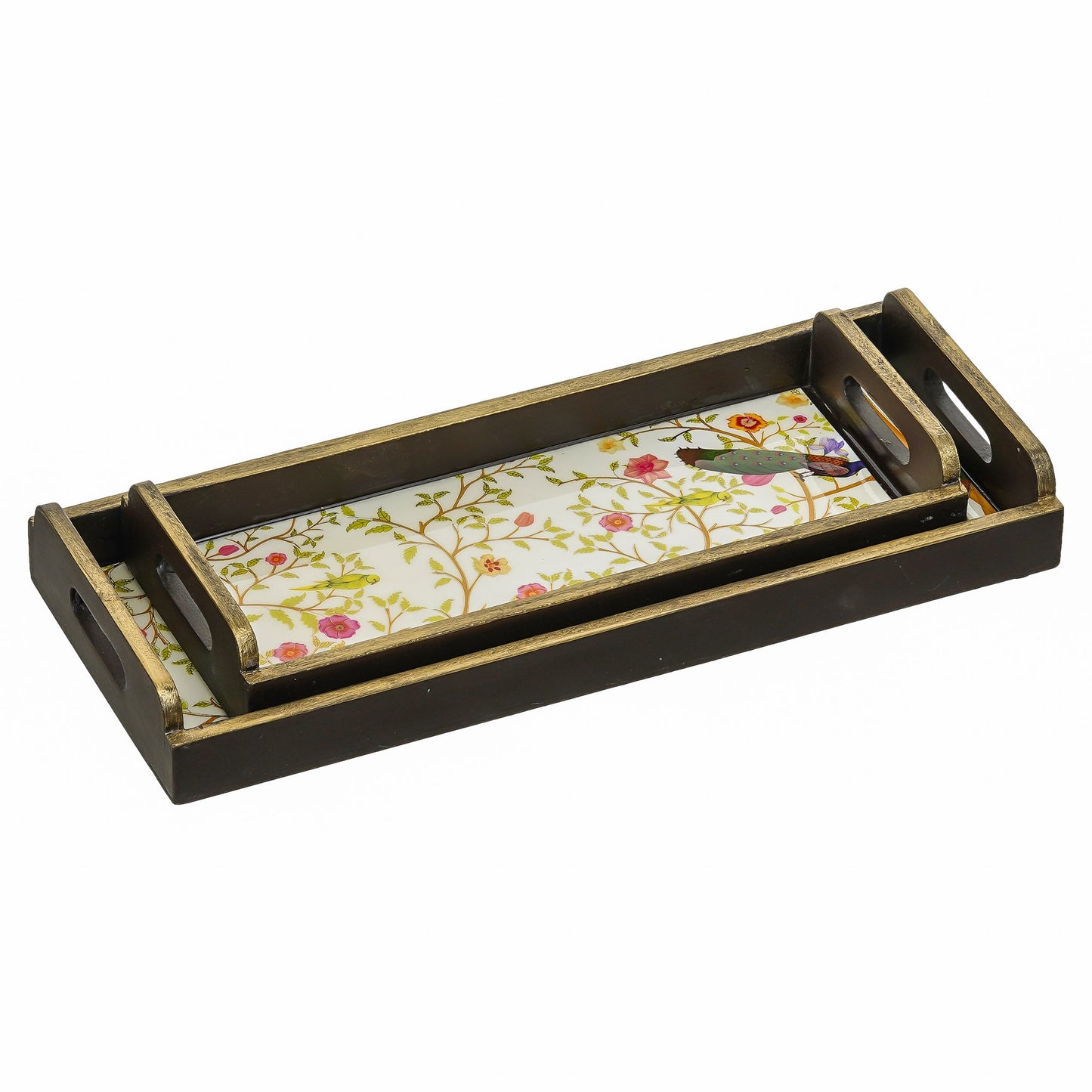Webelkart Peacock Designer Printed Enamel Coated Wooden Handmade Serving Tray Multipurpose Rectangular Serving Tray Set of 2, Trays for Breakfast Dining Table.Home Decoration Item (12",15" Inches)