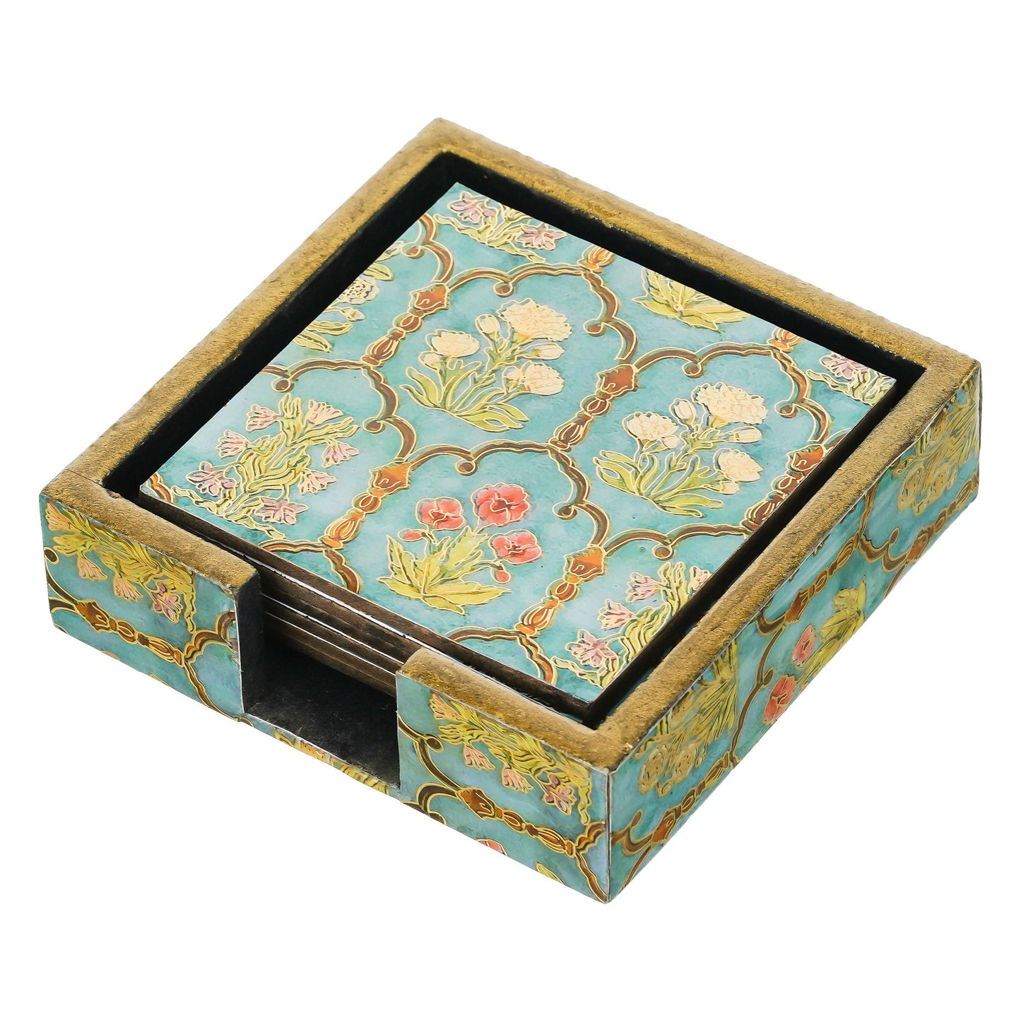 Webelkart Premium Enamel Coated Wooden Coaster Natural Printed Handmade Square Tea Coasters with Stand Tea/Coffee Coasters,Coster Set for Dining Table for Hot Pots Home Decoration Item (5" Inches)