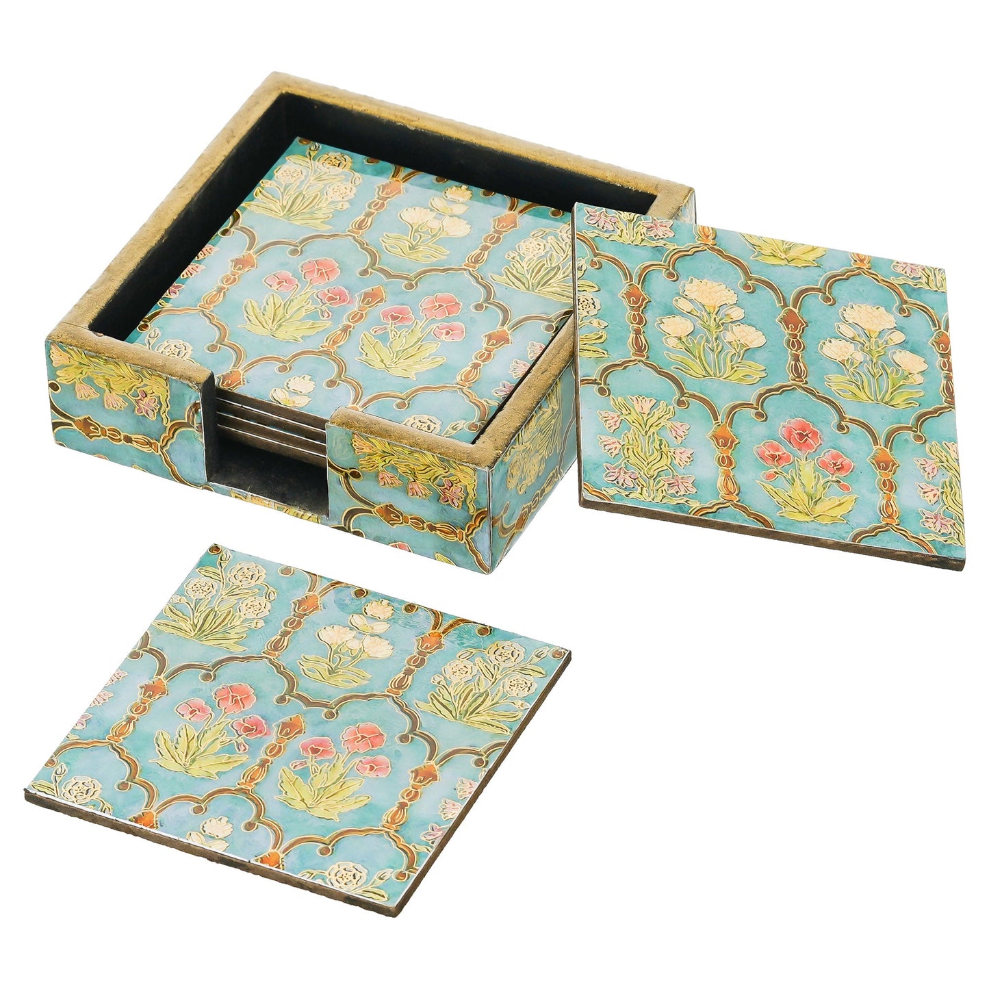 Webelkart Premium Enamel Coated Wooden Coaster Natural Printed Handmade Square Tea Coasters with Stand Tea/Coffee Coasters,Coster Set for Dining Table for Hot Pots Home Decoration Item (5" Inches)