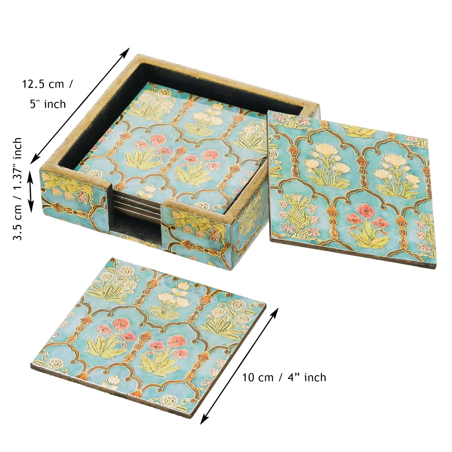 Webelkart Premium Enamel Coated Wooden Coaster Natural Printed Handmade Square Tea Coasters with Stand Tea/Coffee Coasters,Coster Set for Dining Table for Hot Pots Home Decoration Item (5" Inches)