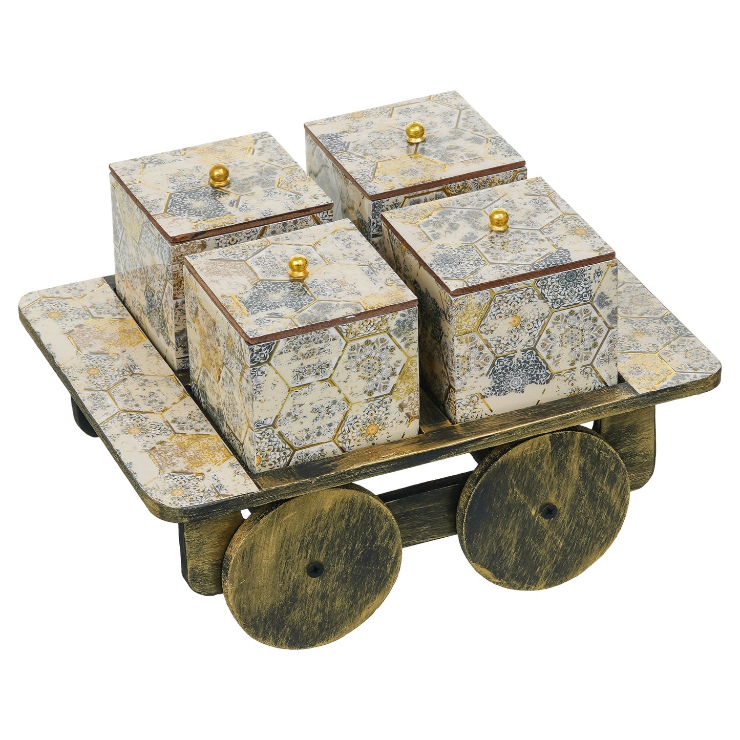 Webelkart Premium Handmade Enamel Coated Dry Fruit Container Jar Set With Lid For Table Top Home Decor,Dry Fruit Box,Serving Tray for Serving Sweets/Set Of 4 Jar Set With 1 tray (11" Inches)