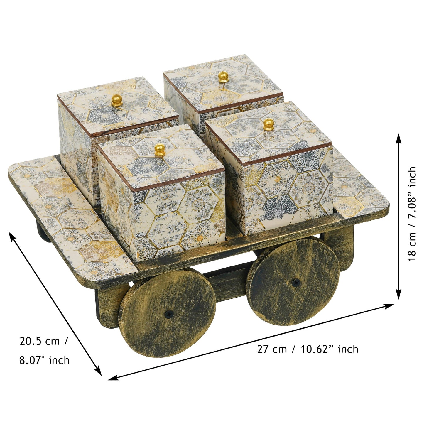 Webelkart Premium Handmade Enamel Coated Dry Fruit Container Jar Set With Lid For Table Top Home Decor,Dry Fruit Box,Serving Tray for Serving Sweets/Set Of 4 Jar Set With 1 tray (11" Inches)