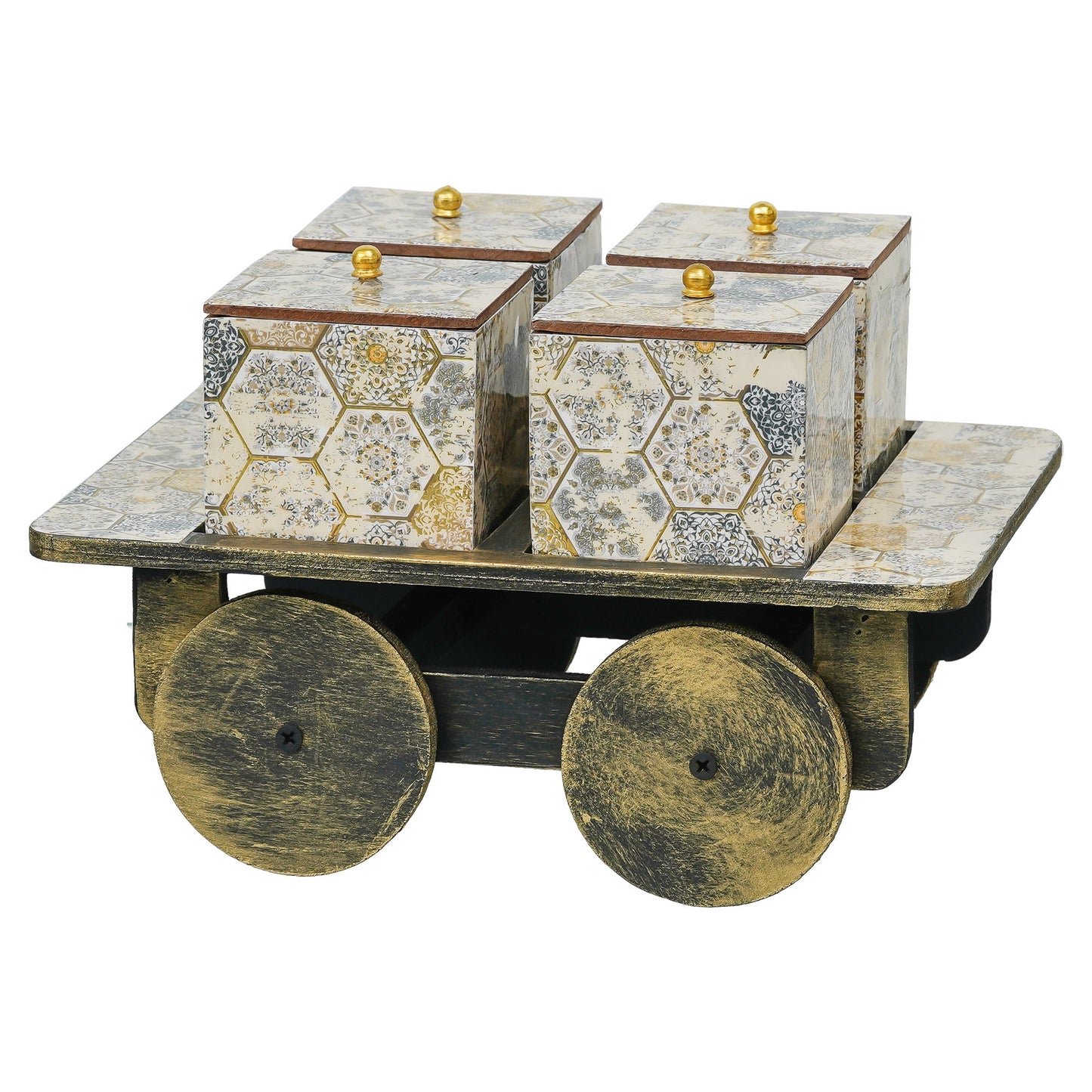 Webelkart Premium Handmade Enamel Coated Dry Fruit Container Jar Set With Lid For Table Top Home Decor,Dry Fruit Box,Serving Tray for Serving Sweets/Set Of 4 Jar Set With 1 tray (11" Inches)