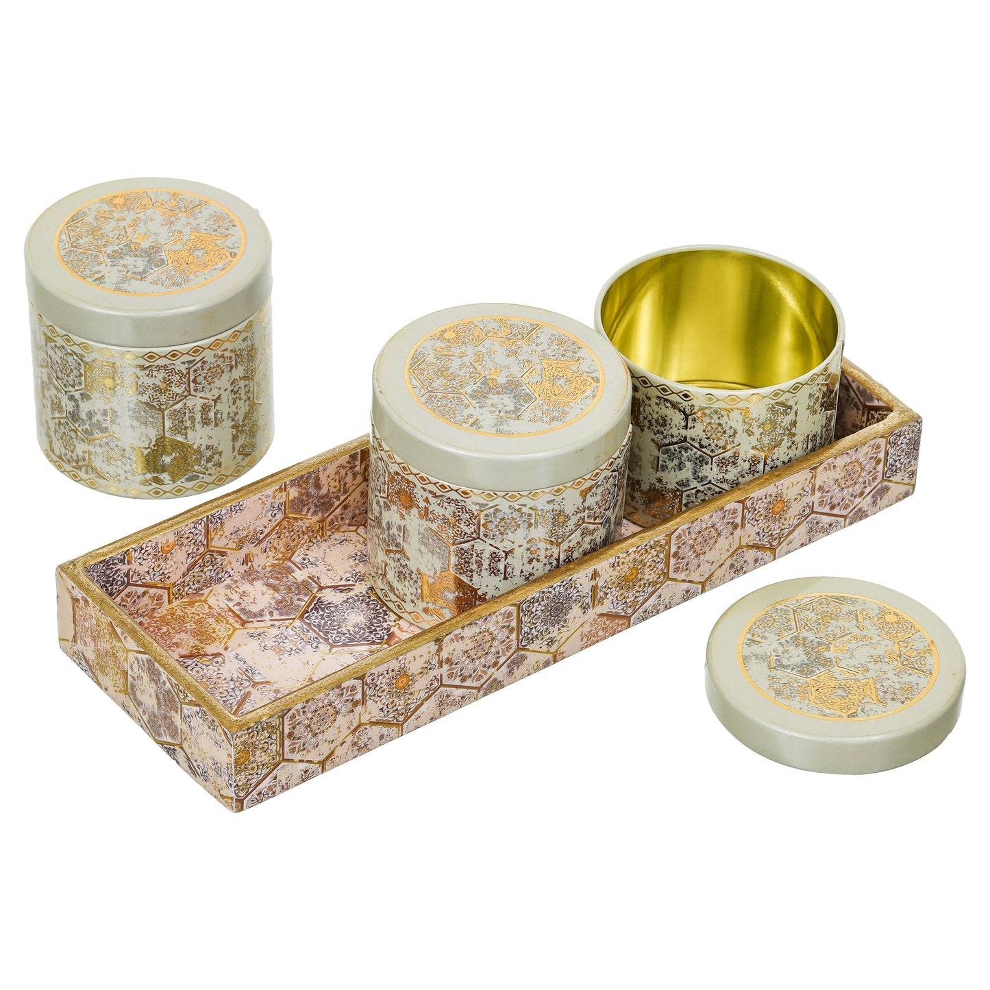 Webelkart Premium Enamel Coated Air Tight Dry Fruit 3 Container With 1 Tray With Lid For Home Decor Dry Fruit Box,Serving Tray/Box Container For Table Decor Diwali Gift Item (8" Inches)