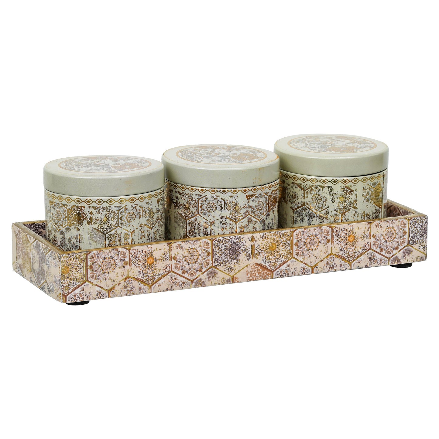 Webelkart Premium Enamel Coated Air Tight Dry Fruit 3 Container With 1 Tray With Lid For Home Decor Dry Fruit Box,Serving Tray/Box Container For Table Decor Diwali Gift Item (8" Inches)