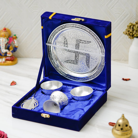 Webelkart Premium Silver Plated Swastik Pooja Thali Set with Velvet Box for Diwali Poojan/Pooja Room/Diwali Gifting |ReturnGift,Thali Set for Puja.( 8" Inches)