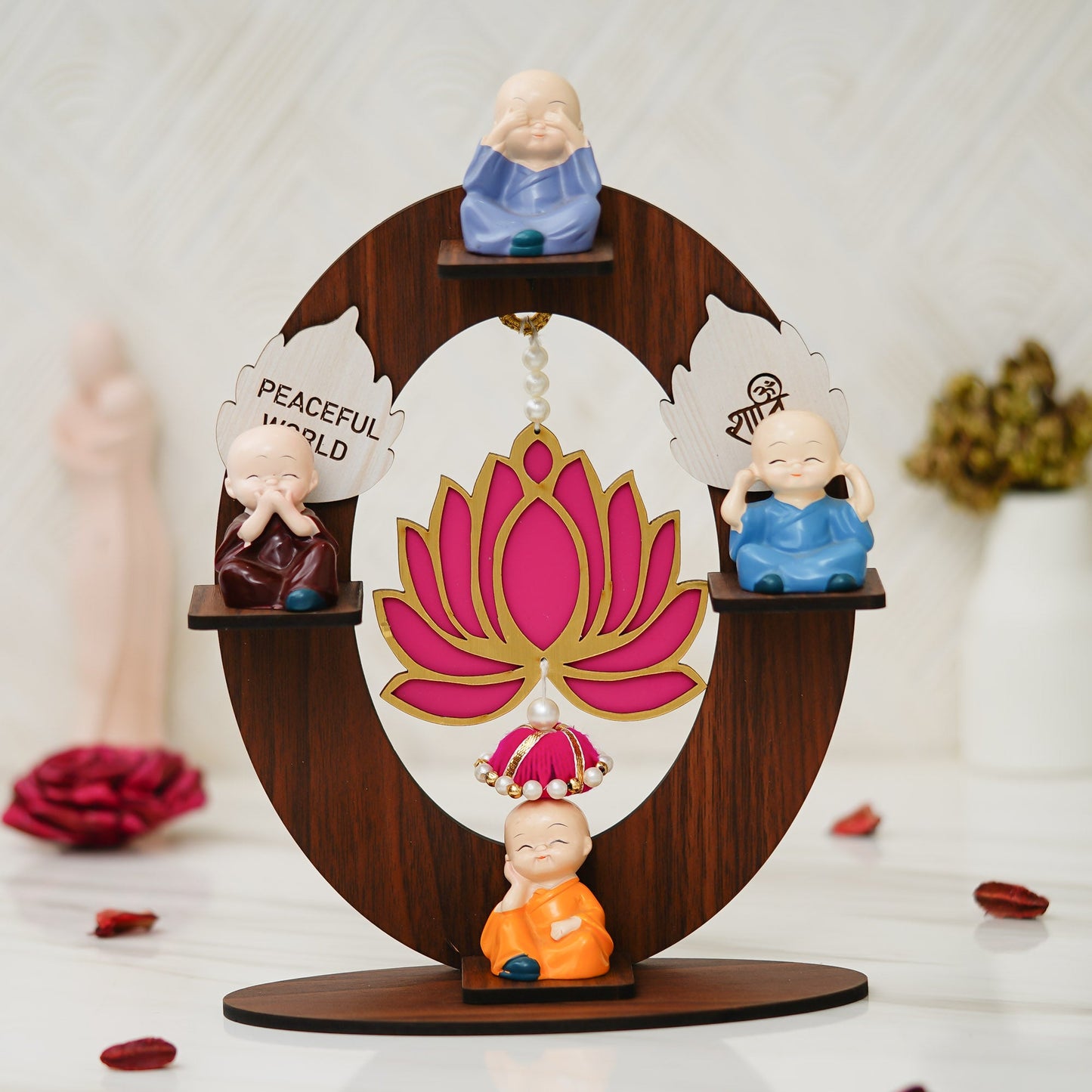 Webelkart Antique Set of 4 Decorative Adorable Buddha Monk Figurines with Wooden Stand with Lotus Hanging for Peaceful Home Decor & Office Decor, Special Gifting, Home Decorative Item (10.5" Inches)