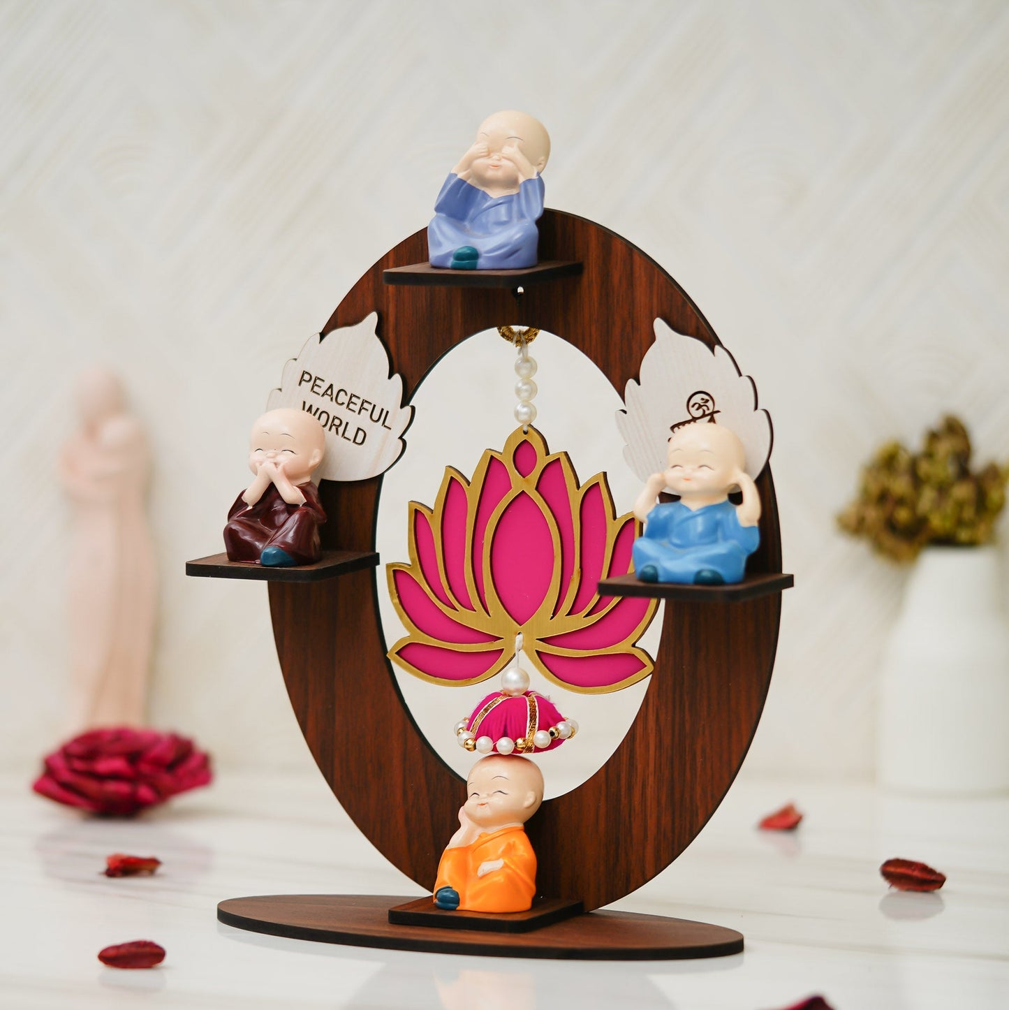 Webelkart Antique Set of 4 Decorative Adorable Buddha Monk Figurines with Wooden Stand with Lotus Hanging for Peaceful Home Decor & Office Decor, Special Gifting, Home Decorative Item (10.5" Inches)