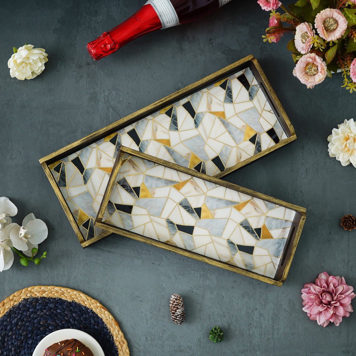 Webelkart Beautiful Handmade Marble Printed Wooden Serving Tray Enamel Coated for Home/Office Decor Serving Tray Set of 2, Trays,Coffee Tray Home Decorative Item (12",15" Inches)