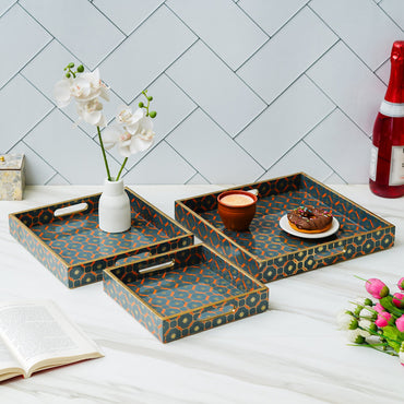 Webelkart Printed Square Enamel Coated Handmade Wooden Serving Tray for Home/Office Decor,Trays for Breakfast Dining Table.Multipurpose Square Serving Tray,Wooden Tray/Resin Tray Set of 3
