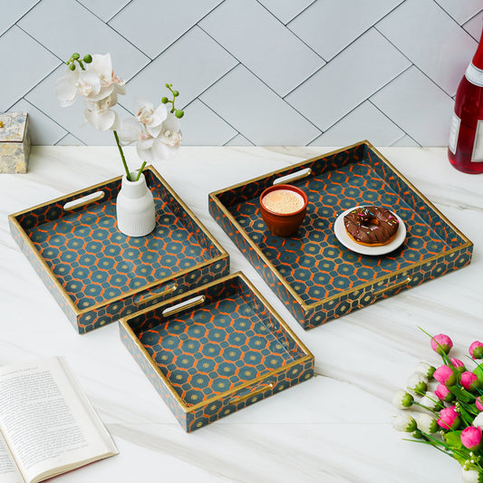 Webelkart Printed Square Enamel Coated Handmade Wooden Serving Tray for Home/Office Decor,Trays for Breakfast Dining Table.Multipurpose Square Serving Tray,Wooden Tray/Resin Tray Set of 3