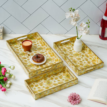 Webelkart Antique Handmade Printed Wooden Serving Tray Enamel Coated for Home Decor Serving Tray Set of 3, Trays for Breakfast Dining Table| Coffee Tray Home Decorative Item (12",14",16" Inches)