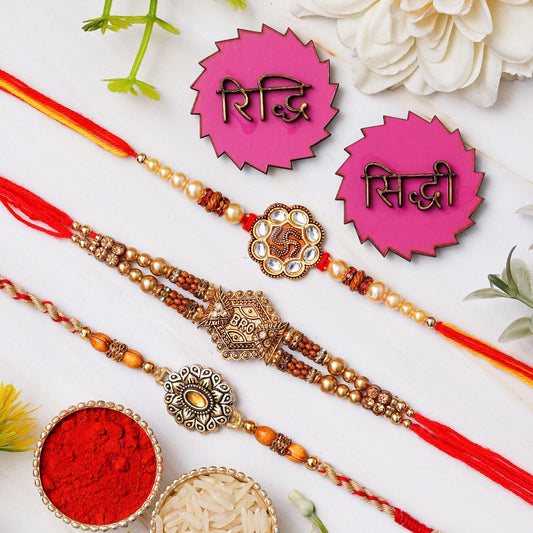 Webelkart Set Of 3 Rakhi For Brother Bhabhi With Riddhi-Siddhi Sticker for Home Decor | Rakhi For Bhaiya Bhabhi | Rakhi For Brother Sister Kids Rakhi With Roli Chawal Best Wishes Card