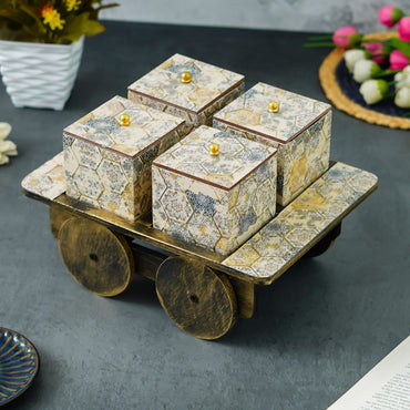 Webelkart Premium Handmade Enamel Coated Dry Fruit Container Jar Set With Lid For Table Top Home Decor,Dry Fruit Box,Serving Tray for Serving Sweets/Set Of 4 Jar Set With 1 tray (11" Inches)
