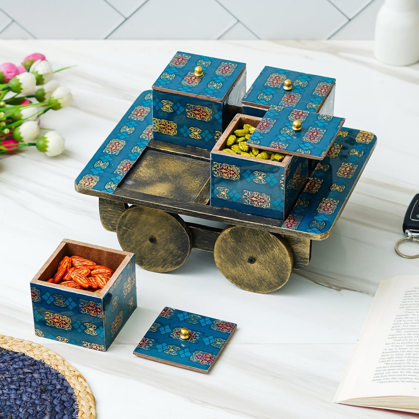 Webelkart Antique Enamel Coated Printed Dry Fruit Container Jar Set With Lid For Table Top Home Decor Dry Fruit Box,Serving Tray/Box Container For Table Decor (11" Inches)