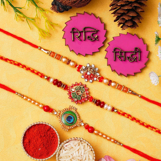 Webelkart Set Of 3 Rakhi For Brother And Bhabhi With Riddhi-Siddhi Sticker for Home Decor | Rakhi For Bhaiya Bhabhi |Lumba Rakhi For Bhabhi |Kids Rakhi With Roli Chawal Best Wishes Card